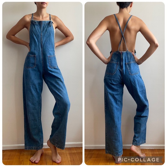 Vintage 90s y2k overalls denim jean straight leg square neck utility cargo small - Picture 1 of 16